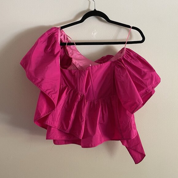 Zara Women M Fuchsia Pink 3D Rose Ruffle Asymmetric One Shoulder Voluminous Top - Picture 9 of 9